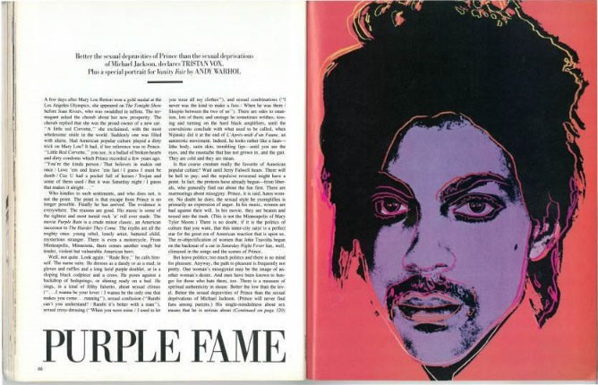 Figure 2. A purple silkscreen portrait of Prince created in 1984by Andy Warhol to illustrate an article in Vanity Fair.
