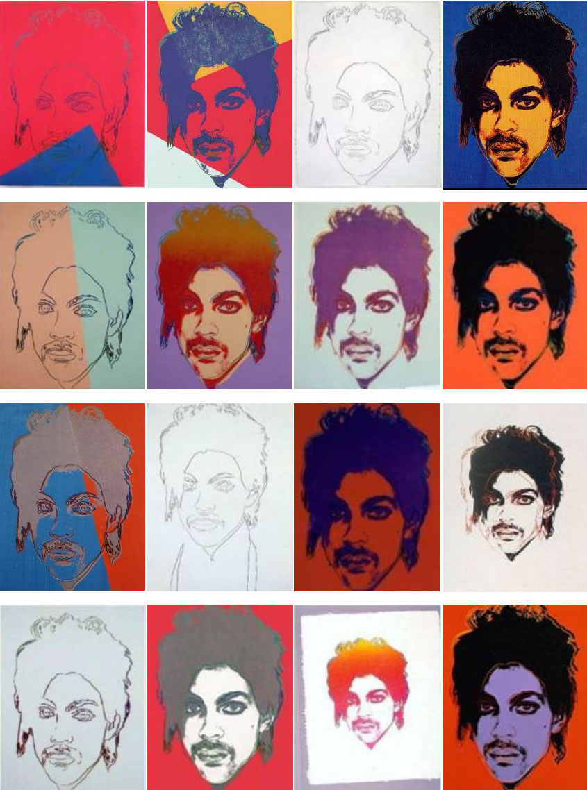 Andy Warhol created 16 works based on Lynn Goldsmith's photograph:14 silkscreen prints and two pencil drawings. The works are collectively known as the Prince Series